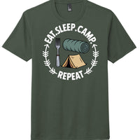 eat sleep repeat tri-blend t-shirt in heathered forest green featuring camping graphics.