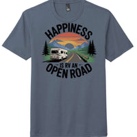 District Perfect Tri Tee in navy frost featuring 'Happiness is RV an Open Road' graphic design.