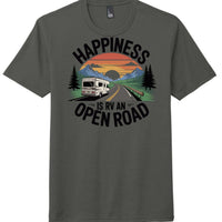 Happiness open road graphic District Perfect Tri Tee in charcoal color showcasing an RV on a mountain road.