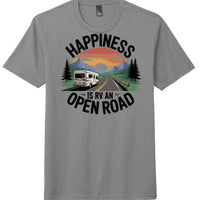 District Perfect Tri Tee in grey frost featuring 'Happiness is RV an Open Road' graphic design.