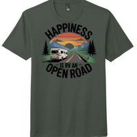District Perfect Tri Tee in Heathered Forest Green featuring 'Happiness is RV an Open Road' design.