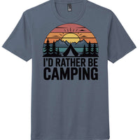 I’d rather be camping graphic tee in navy frost color featuring camping scene design.