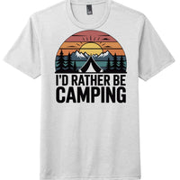 I'D RATHER BE CAMPING graphic tee in white, featuring a camping design with sunset and mountains, perfect for outdoor enthusiasts.