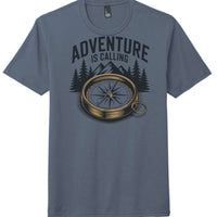 Adventure calling graphic on District DM130 perfect tri blend tee in Navy Frost with compass design.