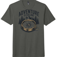 Adventure calling graphic on charcoal perfect tri blend tee featuring a compass and mountain design.