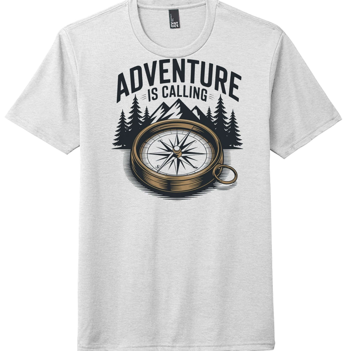 Adventure calling graphic on a white District DM130 perfect tri blend tee with a compass design.
