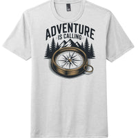 Adventure calling graphic on a white District DM130 perfect tri blend tee with a compass design.