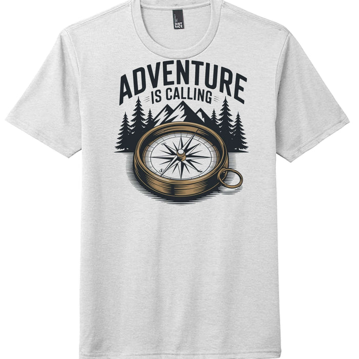 Adventure calling graphic on a white District DM130 perfect tri blend tee with a compass design.