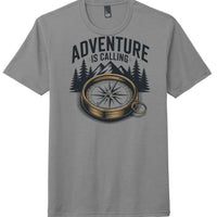 Adventure calling graphic on grey perfect tri blend tee, featuring a compass and mountain design.