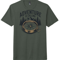 Adventure is Calling graphic on a Heathered Forest Green perfect tri blend tee with compass design.