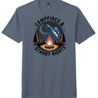 Campfire-themed tri-blend tee in Navy Frost featuring a campfire and starry nights graphic.