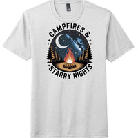 campfire-themed tri-blend tee featuring a campfire and starry nights graphic on a white District Tee.