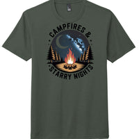 Campfire-themed tri-blend tee in Heathered Forest Green featuring 'Campfires & Starry Nights' graphic.