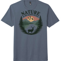 Nature is my happy place design on a navy frost perfect tri blend tee.