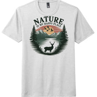 Nature is my happy place graphic on a white perfect tri blend tee with deer and mountain design.
