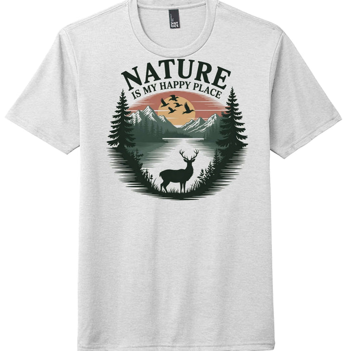 Nature is my happy place graphic on a white perfect tri blend tee with deer and mountain design.