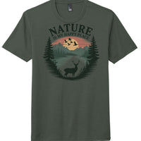 Nature is my happy place graphic on a Heathered Forest Green perfect tri blend tee.