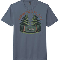 District DM130 Perfect Tri Tee in Navy Frost featuring 'Find Me Under The Pines' graphic with trees and hammock.