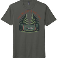 District DM130 Perfect Tri Tee in charcoal featuring a hammock and trees with the phrase 'Find Me Under The Pines'.