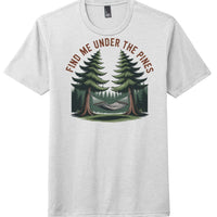 District DM130 Perfect Tri Tee featuring a graphic with trees and a hammock; text reads 'Find Me Under The Pines'.