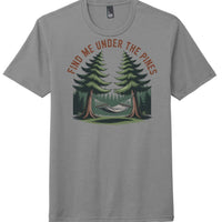 District DM130 Perfect Tri Tee in Grey Frost featuring a hammock and text "Find Me Under The Pines"