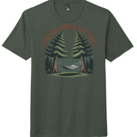 District DM130 Perfect Tri Tee in Heathered Forest Green featuring 'Find Me Under The Pines' graphic illustration.