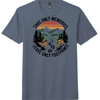 District Perfect Tri Tee in Navy Frost featuring hiking design: "Take Only Memories, Leave Only Footprints".