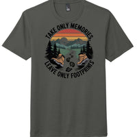 District Perfect Tri Tee in charcoal with 'Take Only Memories, Leave Only Footprints' graphic design.