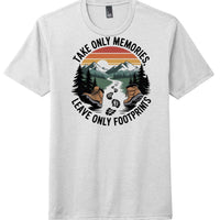 District Perfect Tri Tee featuring a design with hiking boots and the phrase 'Take only memories, leave only footprints'.