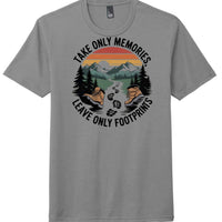 District Perfect Tri Tee in Grey Frost featuring a hiking design that reads 'Take Only Memories, Leave Only Footprints'.