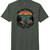 District Perfect Tri Tee in Heathered Forest Green featuring nature design and inspiring text about memories and footprints.