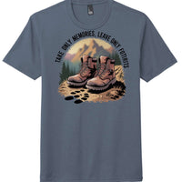 District DM130 Perfect Tri Tee in navy frost with hiking boots graphic and 'Take only memories, leave only footprints' text.