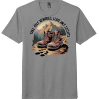 District DM130 Perfect Tri Tee in grey frost with hiking boots graphic and 'Take only memories, leave only footprints' slogan.