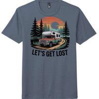 Navy Frost District DM130 Perfect Tri Tee for men featuring a colorful camper design with "LET'S GET LOST" text.