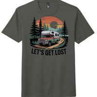 Let's Get Lost graphic on charcoal perfect tri tee for men by District DM130, featuring vintage camper and nature backdrop.
