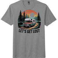 Perfect tri tee for men in grey frost featuring a camping design with text 'LET'S GET LOST' and a retro camper.