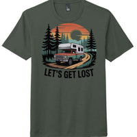 Heathered Forest Green perfect tri tee for men featuring a vintage camper and 'Let's Get Lost' graphic.