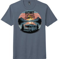 Navy Frost perfect tri tee camp shirt featuring graphic: Home is my Favorite Campsite with RV and mountains.
