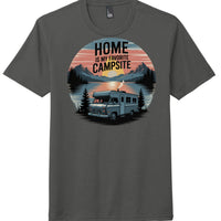 Charcoal perfect tri tee camp shirt with 'Home is my Favorite Campsite' design and RV graphic.