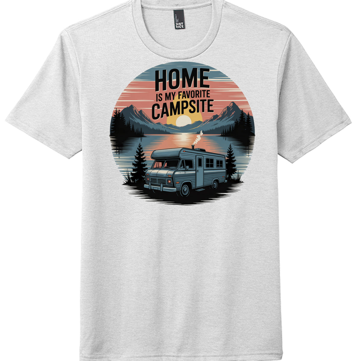 Perfect tri tee camp shirt featuring a scenic design of a camper with mountains and sunset, text 'Home is my Favorite Campsite'.