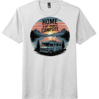 Perfect tri tee camp shirt featuring a scenic design of a camper with mountains and sunset, text 'Home is my Favorite Campsite'.