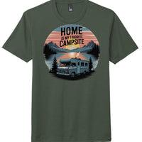 Heathered Forest Green Perfect Tri Tee camp shirt with 'Home is my Favorite Campsite' graphic.