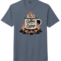 District Perfect Tri Tee in Navy Frost featuring a design saying 'Coffee tastes better at Camp' with a campfire.