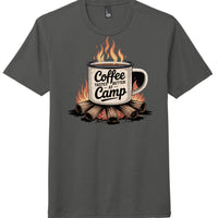 District Perfect Tri Tee featuring a campfire graphic with a mug stating 'Coffee tastes better at Camp' in charcoal color.