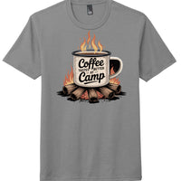 District Perfect Tri Tee in Grey Frost featuring 'Coffee tastes better at Camp' graphic, perfect for camping enthusiasts.