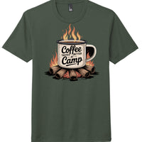District Perfect Tri Tee in Heathered Forest Green featuring coffee mug graphic with text 'Coffee tastes better at Camp'.