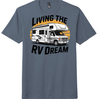 Living the RV Dream graphic on navy frost perfect tri tee for RV enthusiasts