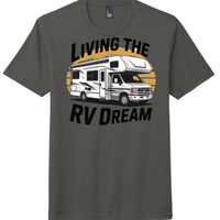 Living the RV Dream graphic on a charcoal perfect tri tee for RV enthusiasts.