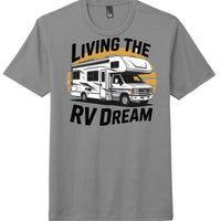 Living the RV Dream grey frost perfect tri tee for RV enthusiasts, featuring a camper design.
