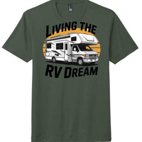 Heathered Forest Green perfect tri tee for RV enthusiasts featuring RV graphic and text 'Living the RV Dream'.